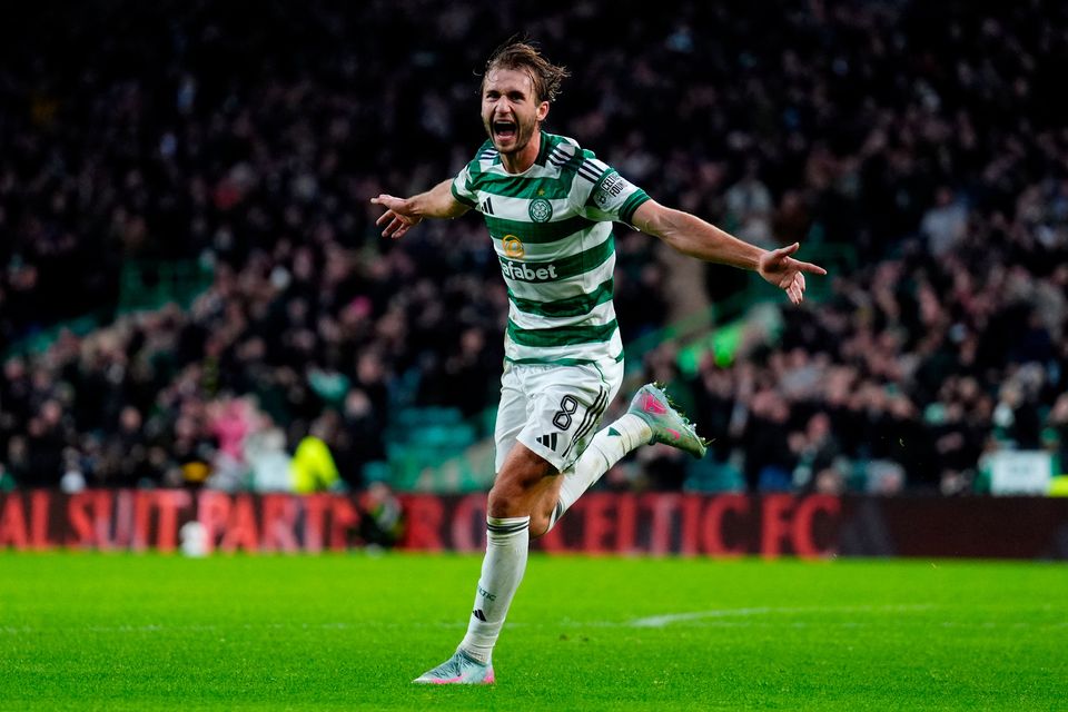 Celtic's Benjamin Nygren celebrates scoring their first goal against Aberdeen. Photo credit: Andrew Milligan/PA Wire.